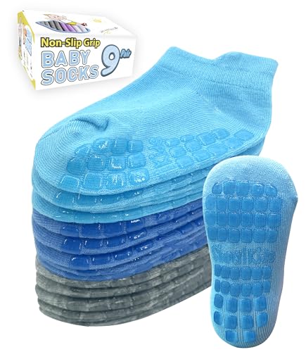 Simply Kids Baby Non-Slip Ankle Socks (9 Pairs) – Superior Grip, Soft Cotton, for Active Toddler Girls & Boys (Ages 0-7)