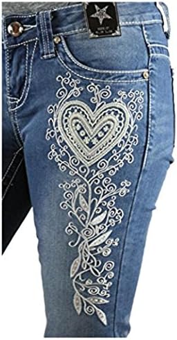 RS Ranch Blooming Heart Embroidered Boot Cut Denim Jean Tall 34" Lace Embellished (25)