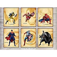 Superheroes Wall Art Print Set - Home Decor for Boys, Kids Room - Great Gift for Superman, Batman, Spiderman, Captain America, Wolverine, Iron Man,Marvel, DC Comic Books Fans- 8x10 photo - Unframed