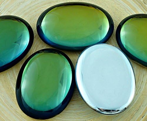 2pcs Crystal Rainbow Dichroic Vitrail Dark Green St Patrick Day Oval Domed Czech Glass Cabochon 25mm x 18mm
