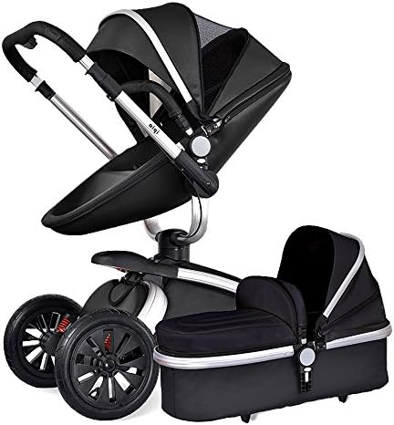 SpringBuds Shock-Resistant Aiqi Baby Stroller 3 in 1 Carriage Infant Travel Car Foldable Pram Pushchair with Bassinet Combo (Black)
