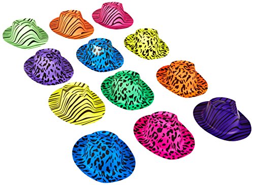 Novelty Place [Party Stars] Neon Fedora Plastic Party Hats - Gangster Style & UV Blacklight Glow - for Kids and Adults (Pack of 12)