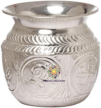 SHANAYA CREATIONS Handmade Pure Copper Silver Plated Lota / Kalashembossed With Om & Satia Design