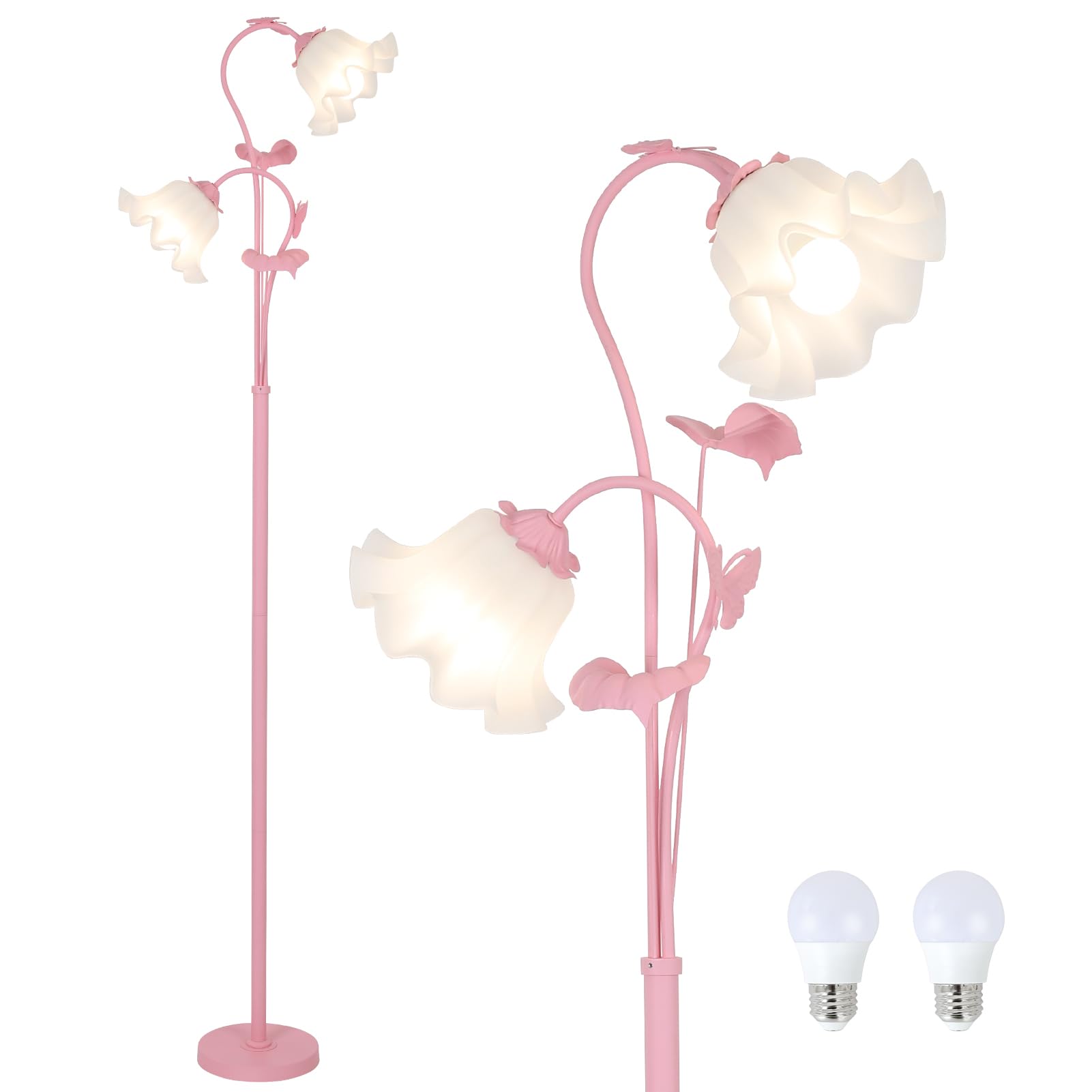 Photo 1 of HMVPL Pink Flower Floor Lamp, Floral Standing Lamp with 2 LED 5W Blubs, Foot Switch, Modern Corner Tall Lamp with Acrylic Shade, Girls Cute Floor Lamp for Living Room Bedroom Office Kids Reading