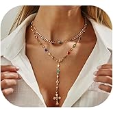 Cusmyre Colorful Long Crystal Necklace,Festival Rave Multi Layered Rhinestone Cross Pendant Chest Chain Jewelry Long Tassel Clavicle Chain Necklace for Women