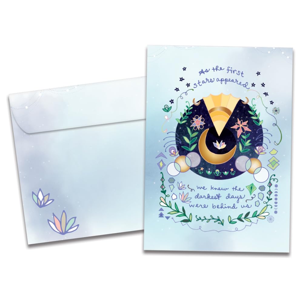 Tree-Free Greetings - Winter Solstice Greeting Cards - Artful Designs - 10 Cards + Matching Envelopes - Made in USA - 100% Recycled Paper - 5"x7" - First Stars Appear (HB54452)