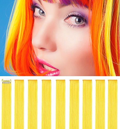 Rhyme Yellow 20 Inch 9PCS Set Straight Colorful Colored Color Clip In/On Hair Extensions Wig Party Highlight Multi Colors Hair pieces For Girls/Kids