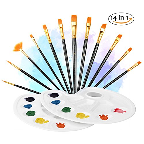12 Pieces Paint Brushes, Atmoko Painting Brush Set with 2 Palettes for Watercolor, Acrylic & Oil Paintings, Perfect for Painting Canvas, Ceramic, Clay, Wood & Models, Great Gift for Kids, Artists