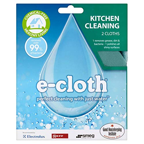 E-Cloth Kitchen Microfibre Cloth, Streak-Free Cleaning Kitchen Surfaces, Coutertops and Sinks, Washable and Reusable, 100 Wash Promise, Green, 5 Pack