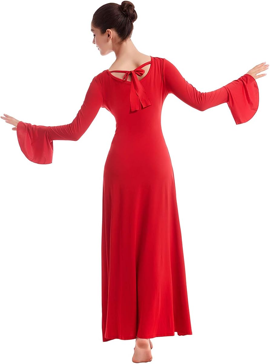 Womens Praise Bell Long Sleeve Dance Dress Loose Fit Full Length Liturgical Lyrical Worship Dancewear: Clothing