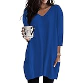 Poetsky Womens Tunic Tops for Leggings with Pockets Vneck 3/4 Length Sleeve Shirt Casual Long T-Shirts S-3XL
