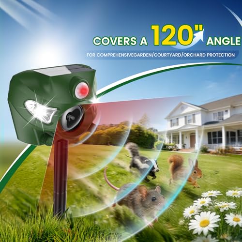 Ultrasonic Animal Deterrent Outdoor, Solar Power Cat Rodent Raccoon Repeller, Rabbit Snake Control Device with Motion Sensor and FIashing Light, Waterproof Outdoor Animal Device for Deer Squirrel