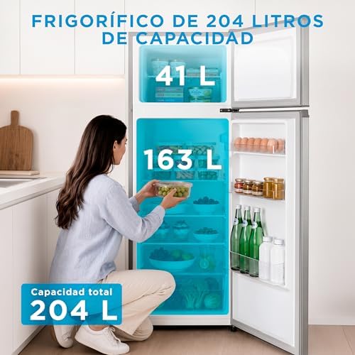 Frigorífico 2 puertas 140 cm alto x 55 cm ancho, Inox, Capacidad 204 L, Nevera Pequeña con Congelador Low Frost de Bajo Consumo, Puerta Reversible, Luz LED, Silencioso 40dB, Cajón de Frutas