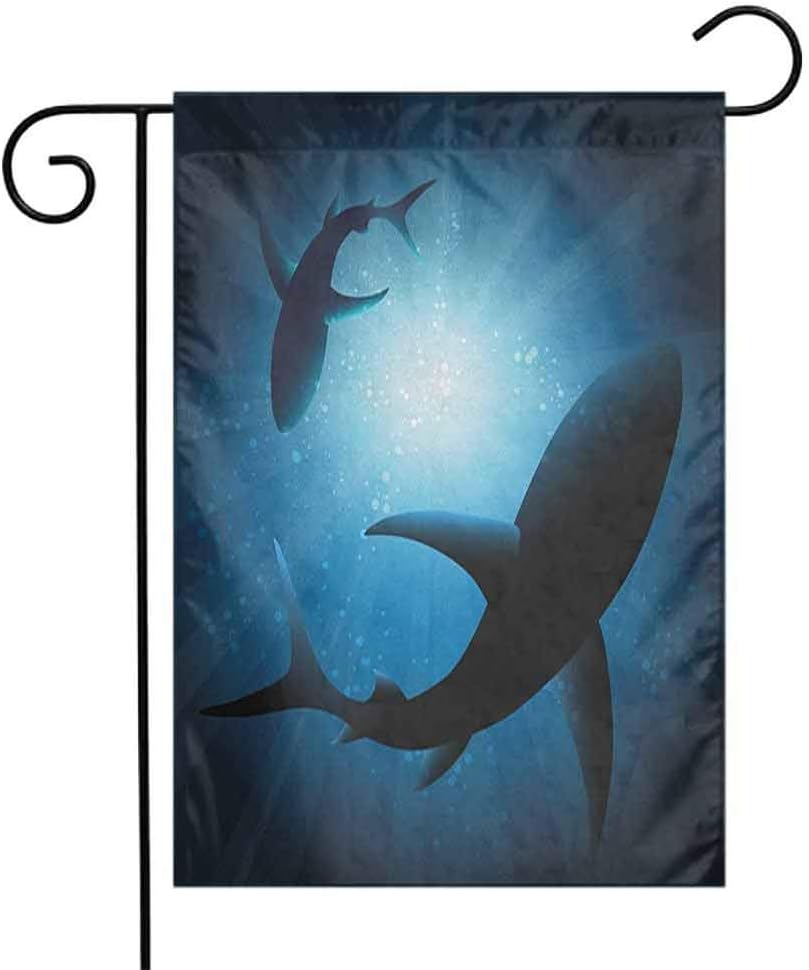Fickdle Charming Garden Flag Shark Easy to Install W12 x L18 Inch Silhouette of The Fishes Swimming at Twilight Night Moon Mystic Magical Sea Scenery Dark Blue