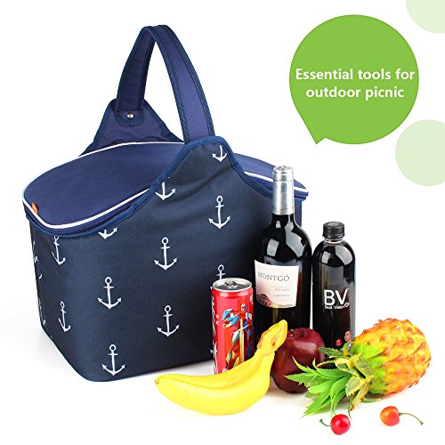 YONOVO 20L Folding Picnic Basket Large Insulated Bag Waterproof for Gathering Travel Camping BBQ (Blue-Anchor Motif) - Thumbnail 4