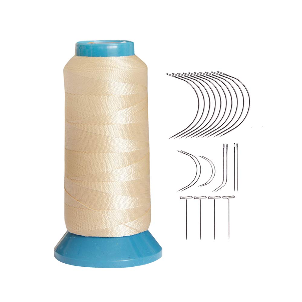 Bonded Sewing Thread Polyester Weaving Thread 1200 Yards 250D with 12pcs 9cm C Type Needles Curved Hair Needles (Beige)