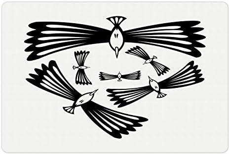 Printawe Raven Pet Mat for Food and Water by, Abstract Birds with Huge Open Wings Flying Monochrome Hand Drawn Style Pattern, Rectangle Non-Slip Rubber Mat for Dogs and Cats, Black and White