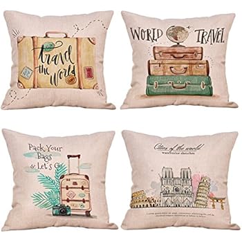 Easternproject 4 Pack Inspirational Quote Travel Theme Cotton Linen Throw Pillow Covers Home Decorative Cushion Case Square Pillowcase 18''x18'' with Summer Beach Happy Camper (4 Pack Travel Theme B)