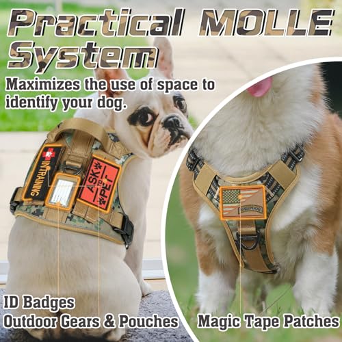 rabbitgoo Anti-Pull Dog Harness, Small Medium Breathable Dog Harness, Adjustable Tactical Dog Harness with Handle Rings and Molle, Durable Reflective Vest for Training, Brown Camo, S