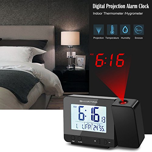 SMARTRO Projection Alarm Clock Digital Clock with Indoor Thermometer Hygrometer, USB Charger, Dual Alarm Clocks for Bedrooms, Travel, AC & Battery Operated