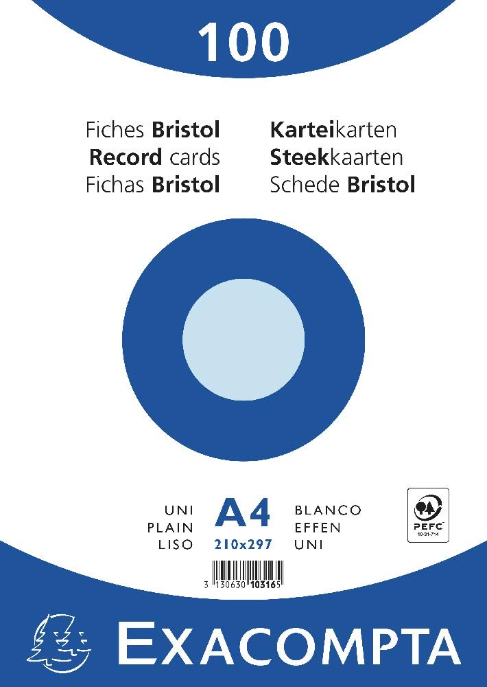 Exacompta - Ref 10316E - Bristol Plain Record Cards (Pack of 100) - A4 in Size, 205gsm Card, Compatible with Printers - Suitable for Exam Revision & Notes - Blue
