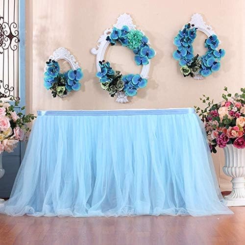 Table Skirt, Wasyoh Tutu Tulle Princess Girl Tablecloth Skirt Wedding Party Baby Bathing Birthday Cake Desserts Table Decoration Props Table Cover (Blue)