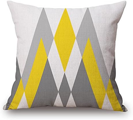 BLUETTEK Modern Simple Geometric Style Soft Linen Burlap Square Throw Pillow Covers, 18 x 18 Inches (Yellow &amp; Gray Mountain)