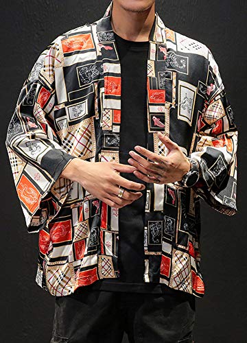 Hotmiss Men's Harajuku Fish Printed Cotton Blends Linen Kimono Cardigan Jackets 3XL (Red, Medium)