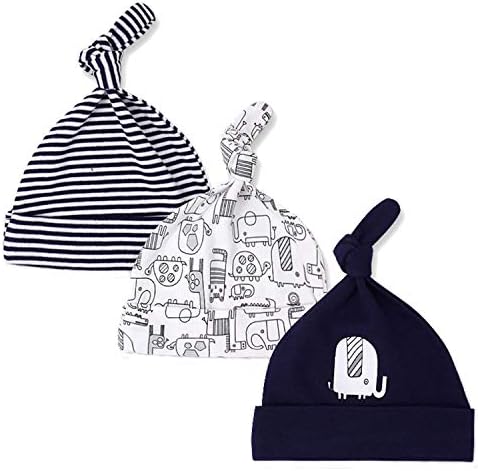 Luzlen Newborn Baby Hat Boys Girls Knot Infant Beanie Hospital Cotton Adjustable Caps for 0-6M 3 Packs