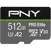 PNY P-SDUX512U3100PRO-GE 512GB PRO Elite Class 10 U3 V30 microSDXC Flash Memory Card - 100MB/s, Class 10, U3, V30, A2, 4K UHD