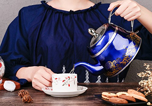 Blue Tea Pot with Infuser Loose Tea for Stovetop Stainless Steel Coffee Kettle 8 Cup Quick Boil Sturdy Teapot Hot Water Mirror Finish 2 Liter/2.1 Quart 68 Ounce by Onlycooker