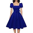 OBBUE Women's Square Neck Dress Vintage 1950s Cocktail Party Dress with Puff Sleeves