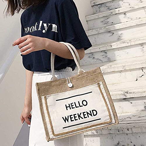 DZTZ Hello Weekend Women's Linen Handbag Large Capacity Casual Weekend Shopping Bag Tote Handbag Work Bag (L, White)