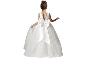 HEWEGO Flower Girls Dress for Wedding Satin Tulle Pageant Formal Communion Dress Pearls Prom Ball Gown with Bow-Knot