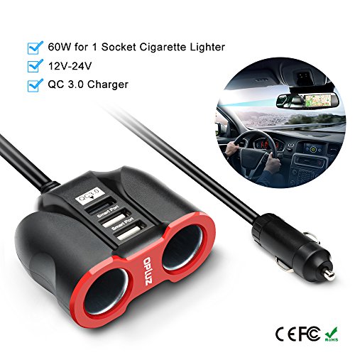 QC3.0 Car Charger with Extension Cable, Multi Car Charger Cigarette Lighter, 3 USB (QC3.0x1+Smart Socketx2)+2 Socket Car Splitter+90mm Cable for GPS/iPhone/Samsung Cell Phone