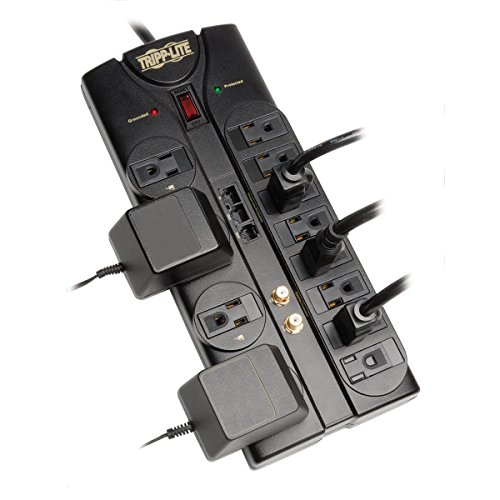 Tripp Lite 12 Outlet Surge Protector Power Strip, 8ft Cord, Right-Angle Plug, Tel/Modem/Coax/Ethernet Protection, RJ11, RJ45, & $250,000 INSURANCE (TLP1208SAT)
