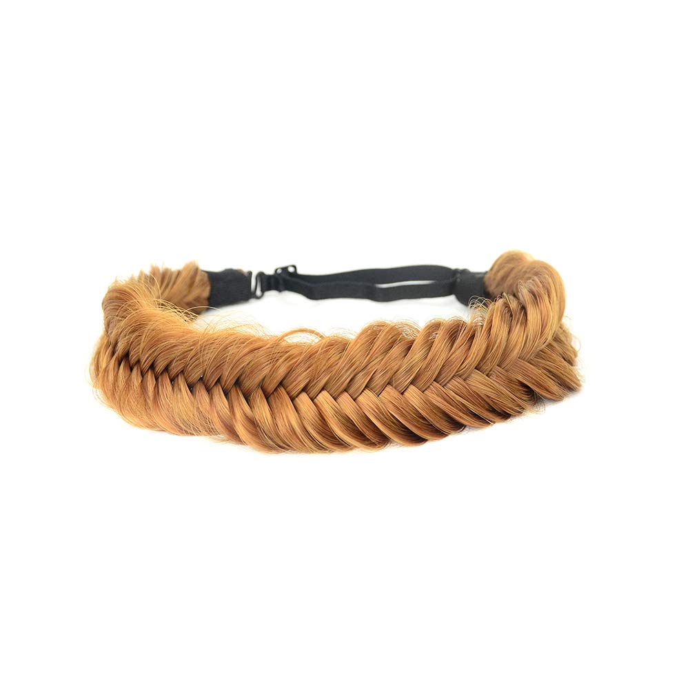 BOBIYA Wide Fishtail Synthetic Hair Braided Headband Classic Chunky Plaited Braids Elastic Stretch Hairpiece Women Girl (Strawberry Blonde)