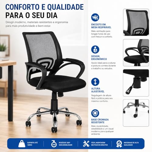Cadeira de Escritório Ergonômica Begônia Mesh Giratória Regulável com Rodinhas Encosto Respirável para Home Office e Escritório e Estudos