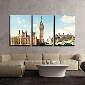3 Piece Canvas Wall Art - Big Ben in Sunny Day, London - Modern Home Art Stretched and Framed Ready to Hang - 16"x24"x3 Panels