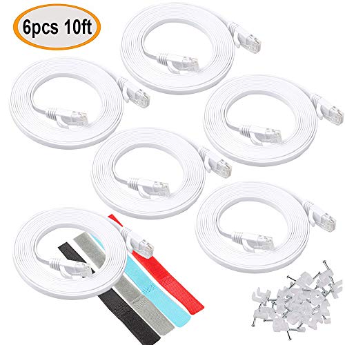 Relper-Lineso 6 Pack Cat 6 Ethernet Cable 10ft White - Flat Internet Network LAN Patch Cords - Solid Cat6 High Speed Computer Wire with Clips& Cable Ties Rj45 Connectors - 10 feet (10FT 6 Pack White)