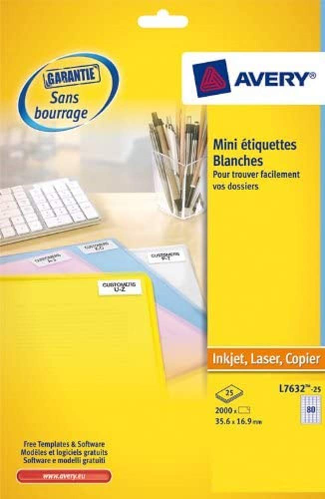 Avery L7632-25 2000x Mini Labels 35.6 x 16.9 mm White for Laser Printers