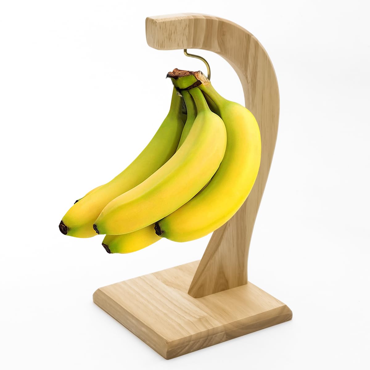 Banana Holder With Rubber Wooden Stand | Fruit Stand for Kitchen Counter | Metal Hook Tree to Keep Bananas Fresh