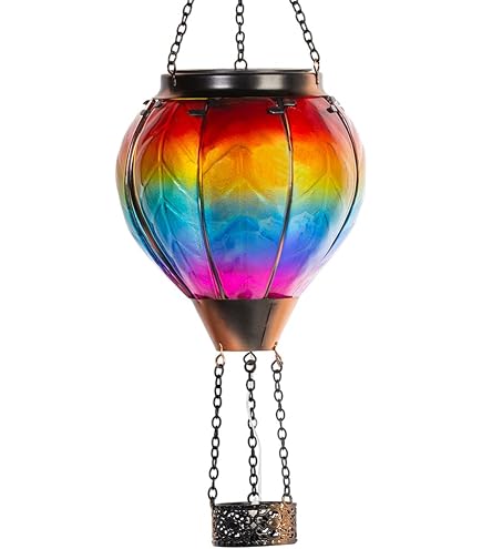Lanterne Solaire Montgolfière - Décorative Pour Jardin, Terrasse - Etanche Avec Effet Flamme - Bleu/Rose - 12