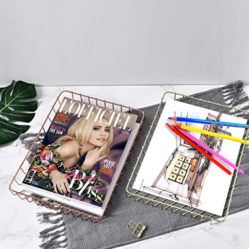 Fvstar Rose Gold Desk File Tray Wire Tabletop Tray Letter Magazine Newspaper Storage Basket Organizer Home Office Organization
