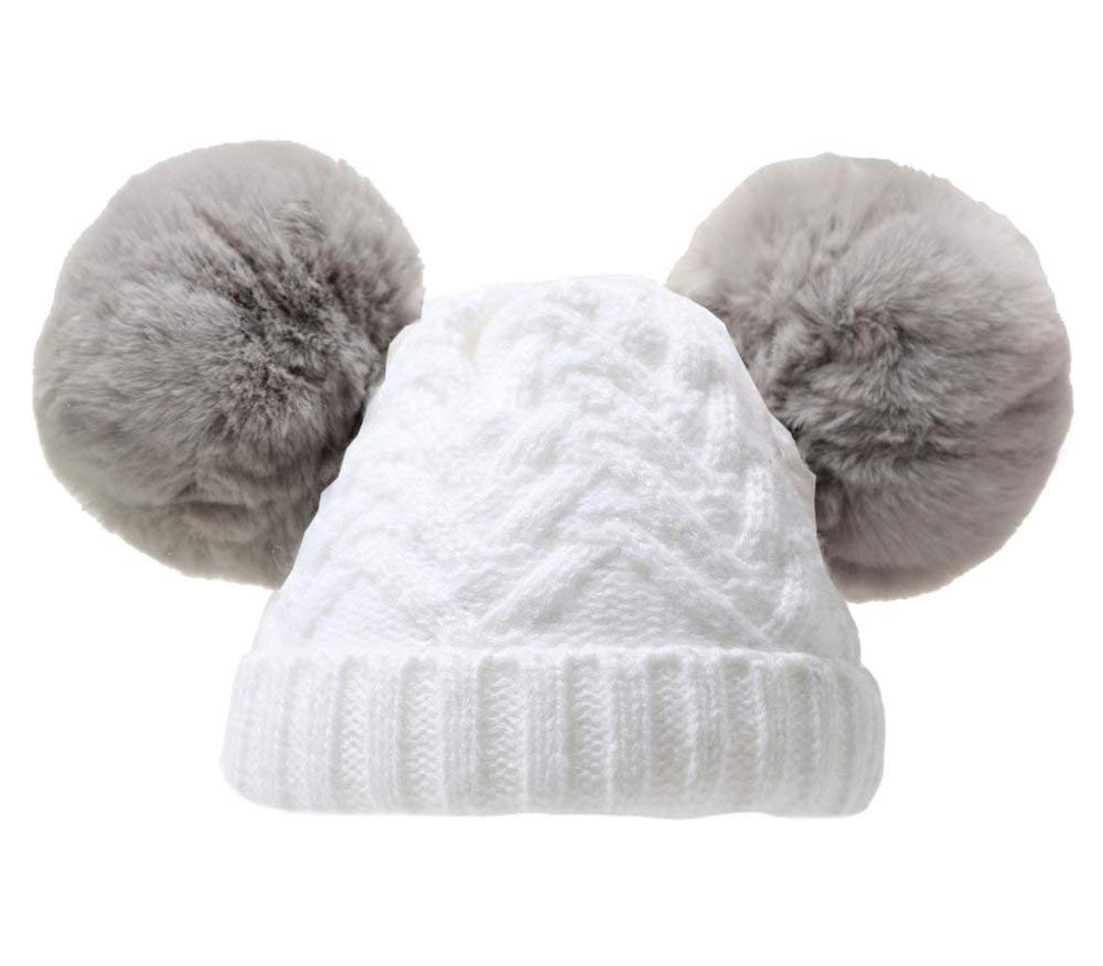 Soft Touch Whote Baby Boy Girl Unisex Chevron Double Faux Fur Pom Pom Lined Knitted Winter Woolly Hat (Newborn to 6 Months) (White)