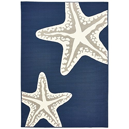 LN 5x7'3 Blue White Nautical Starfish Area Rug Rectangle, Outdoor Navy