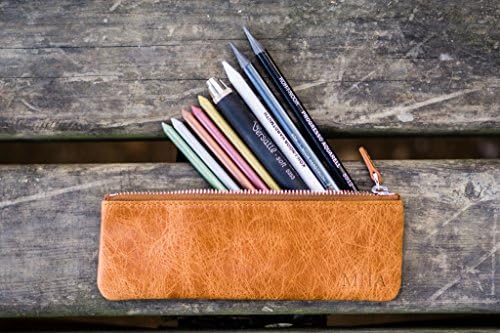 Leather Zippered Small Pencil Pouch / Pencil Case - Rustic Brown