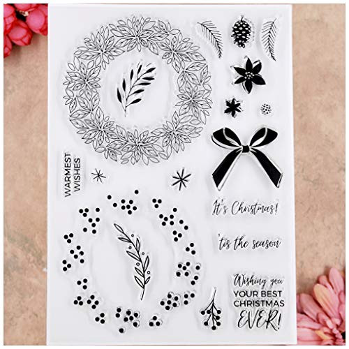 KWELLAM Merry Christmas Wreath Ribbons Flowers Leaves Clear Stamps for Card Making Decoration and DIY Scrapbooking