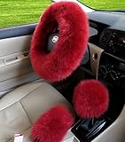 BELLESIE 3pcs 1 Set Soft Fluffy Plush Australian Wool Car Steering Wheel Cover with Handbrake Cover & Gear Shift Cover for 14.96