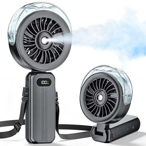HandHeld Misting Fan Portable - High Speed Hand Held USB Rechargeable Fans with Mist & LED Display, 6000mAh Battery Operated Personal Small Mini Foldable Desk Desktop Fan for Travel Outdoor (Black)